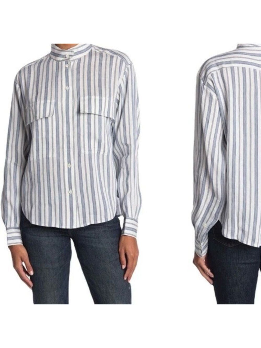 FRAME Stand-Collar Striped Linen-blend Shirt In Blue Size Small